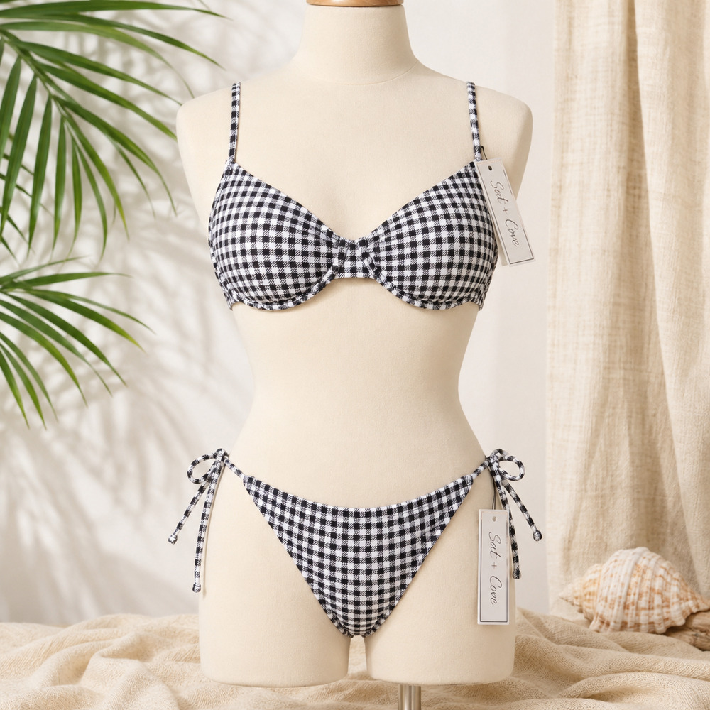 Salt + Cove Bikini Set Large Black White Plaid Underwire Top Side Tie Bottom NWT